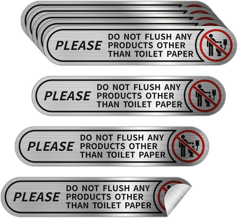 LEMBANG 8 pieces Small Please Do Not Flush Any Products Other Than Toilet Paper Stickers,Brushed Silver Do Not Flush Rules Bathroom Sign, 5x1in - Image 1